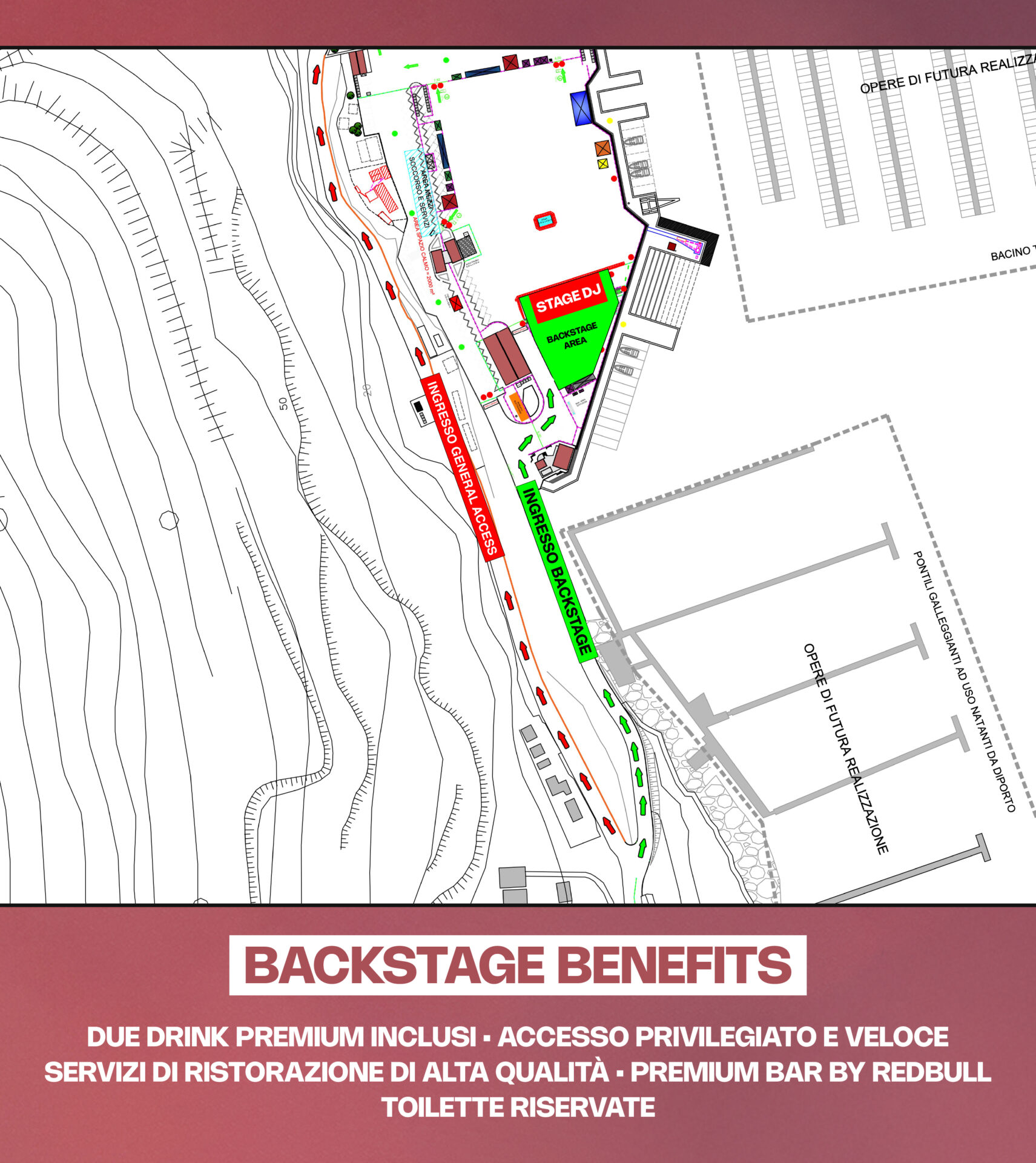 Mappa degli accessi alla Backstage Area