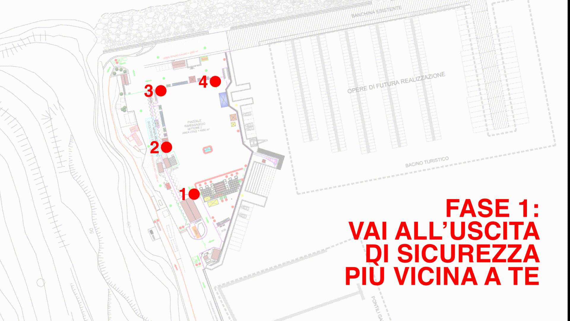 Mappa delle istruzioni di emergenza con uscite di sicurezza e aree di spazio calmo